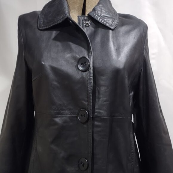 COLEBROOK BLACK ALL LEATHER TRENCHCOAT SNAPS FAUX BUTTON LINED FAUX BELT SIZE XL - Picture 2 of 16